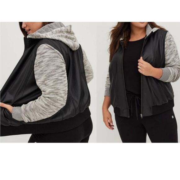 Torrid Black Faux Leather & Marled Grey Terry Bomber‎ Jacket Hooded Sz 2X 18-20 - Picture 4 of 10